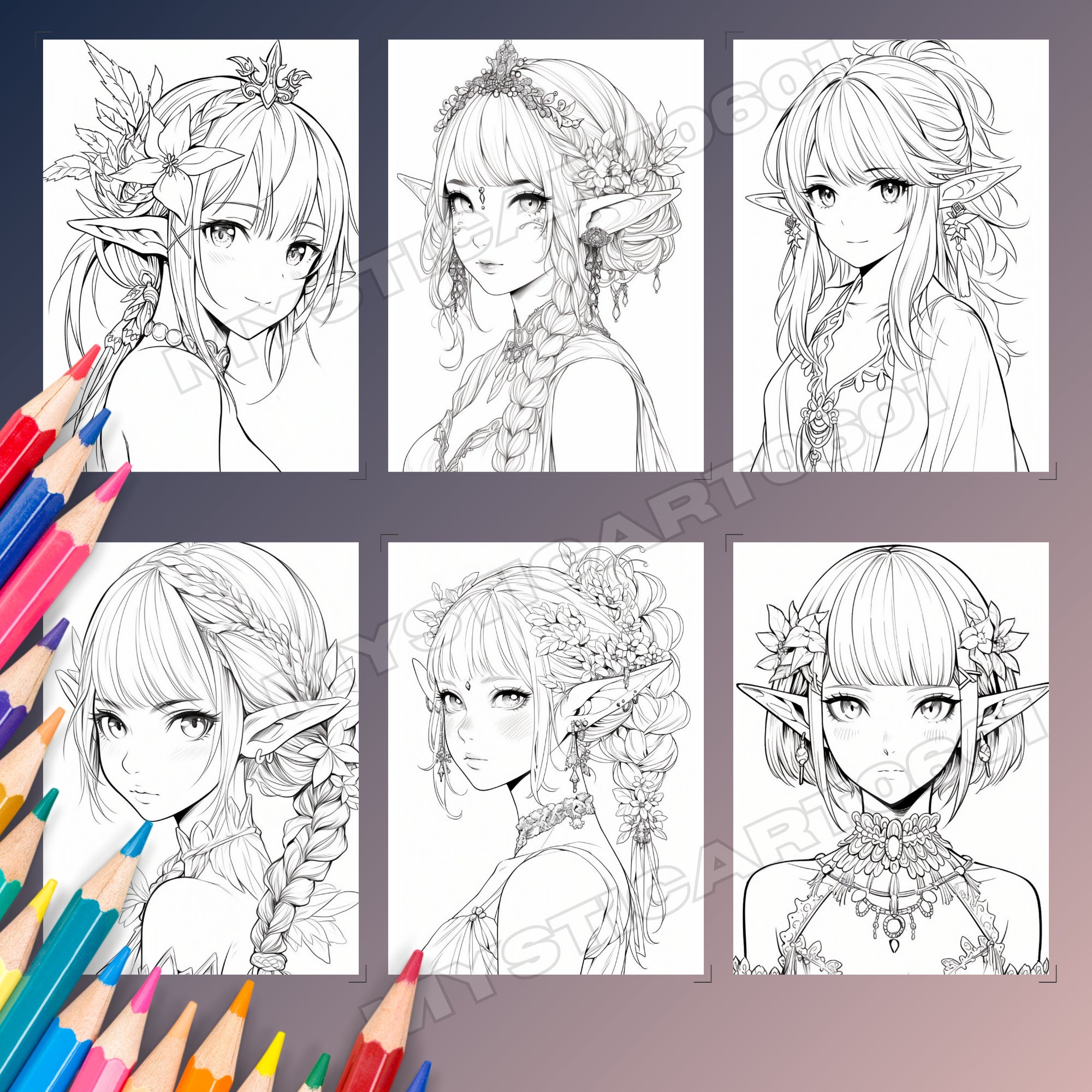 Beautiful Anime Elf Girl Portraits Coloring Book Part 2, 30 Page Anime ...