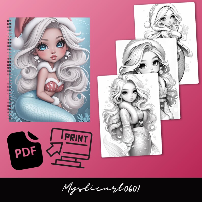 Cute Christmas Mermaid Girl Coloring Book – 30 grayscale coloring pages for kids and adults. This printable PDF is perfect for holiday fun, featuring cute mermaid art, Christmas coloring pages, and grayscale book designs. Enjoy instant download coloring pages that make a great mermaid gift or digital coloring activity. Includes a 30-page book of Xmas mermaid coloring, printable PDF art, and grayscale pages for festive creative fun.
