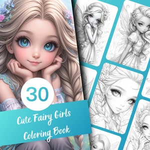 Livro de colorir de fadas para adultos e adolescentes, 30 páginas para colorir em tons de cinza com temas de fantasia, PDF para impressão e download instantâneo.