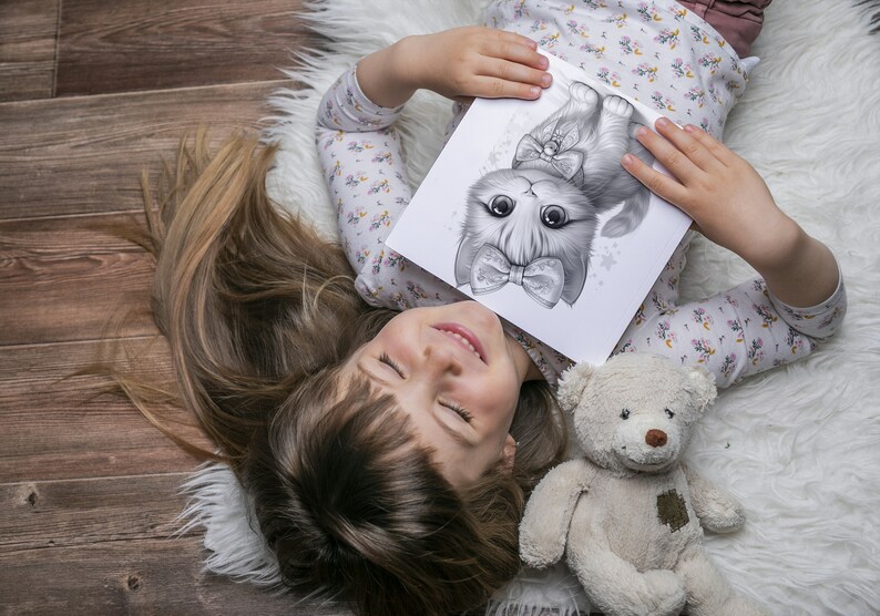 Cute Cat with Bow Coloring Book - 30 Page Grayscale Coloring Book for Kids and Adults, Instant Download, Printable PDF