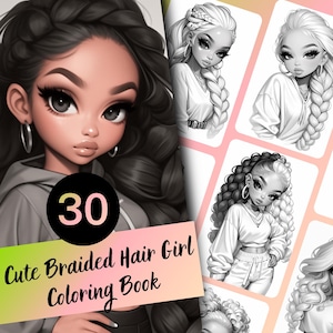 かわいい編み髪の女の子の塗り絵 - 子供と大人向けの 30 ページのグレースケール塗り絵、即時ダウンロード、印刷可能な PDF