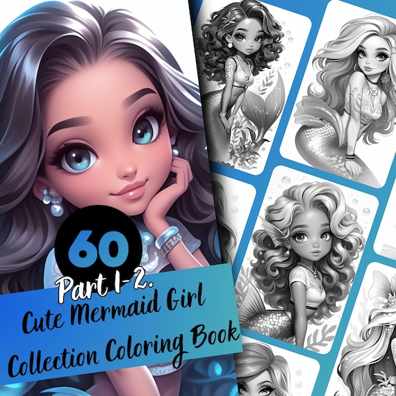 Cute Coloring Pages, Mermaid Coloring Book for Adults and Teens, 60 Grayscale Pages, Printable PDF Instant Download