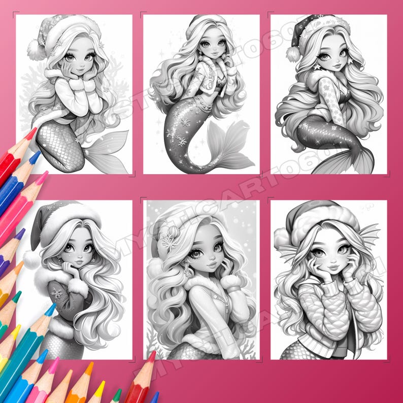 Cute Christmas Mermaid Girl Coloring Book – 30 grayscale coloring pages for kids and adults. This printable PDF is perfect for holiday fun, featuring cute mermaid art, Christmas coloring pages, and grayscale book designs. Enjoy instant download coloring pages that make a great mermaid gift or digital coloring activity. Includes a 30-page book of Xmas mermaid coloring, printable PDF art, and grayscale pages for festive creative fun.