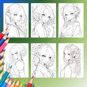 Op de afbeelding: Zes zwart-wit illustraties van vrouwelijke personages in anime-stijl met puntige oren, bloemaccenten en vloeiend haar. De tekeningen zijn in een kleurboekstijl, met gedetailleerde gelaatstrekken en kleding. Gekleurde potloden staan op de voorgrond.