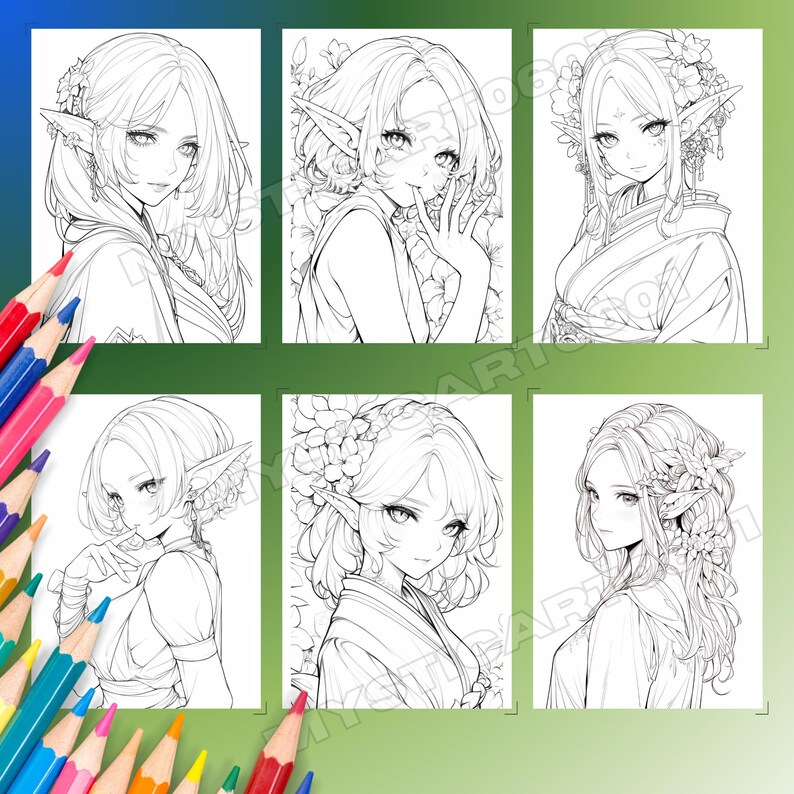 Op de afbeelding: Zes zwart-wit illustraties van vrouwelijke personages in anime-stijl met puntige oren, bloemaccenten en vloeiend haar. De tekeningen zijn in een kleurboekstijl, met gedetailleerde gelaatstrekken en kleding. Gekleurde potloden staan op de voorgrond.