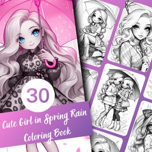 Cute Girl in Spring Rain Coloring Book, Cute Girl in Spring Rain Grayscale Coloring Book for Kids and Adults, Printable PDF