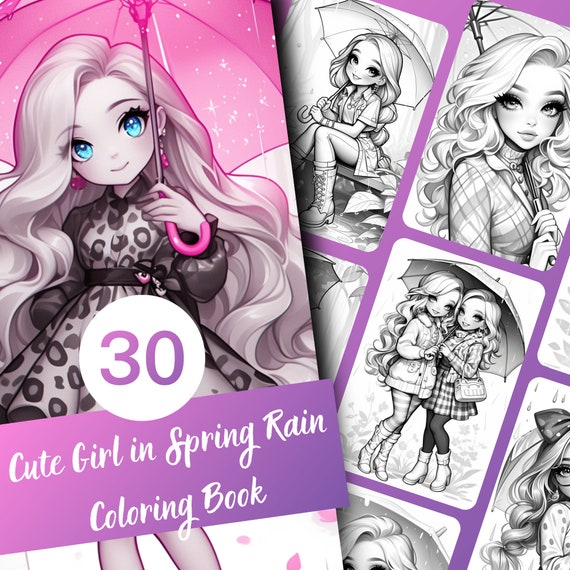 Cute Girl Spring Rain Coloring Book - 30 Page Grayscale (Printable PDF)
