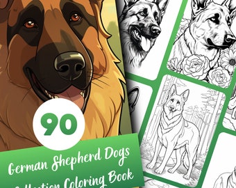 Dog Coloring Pages for Adults, German Shepherd Dog Grayscale Coloring Book, 90 Pages, Printable PDF