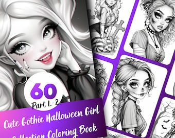 ゴシックハロウィンガールぬりえ – 60ページのグレースケールアート（印刷可能なPDF）