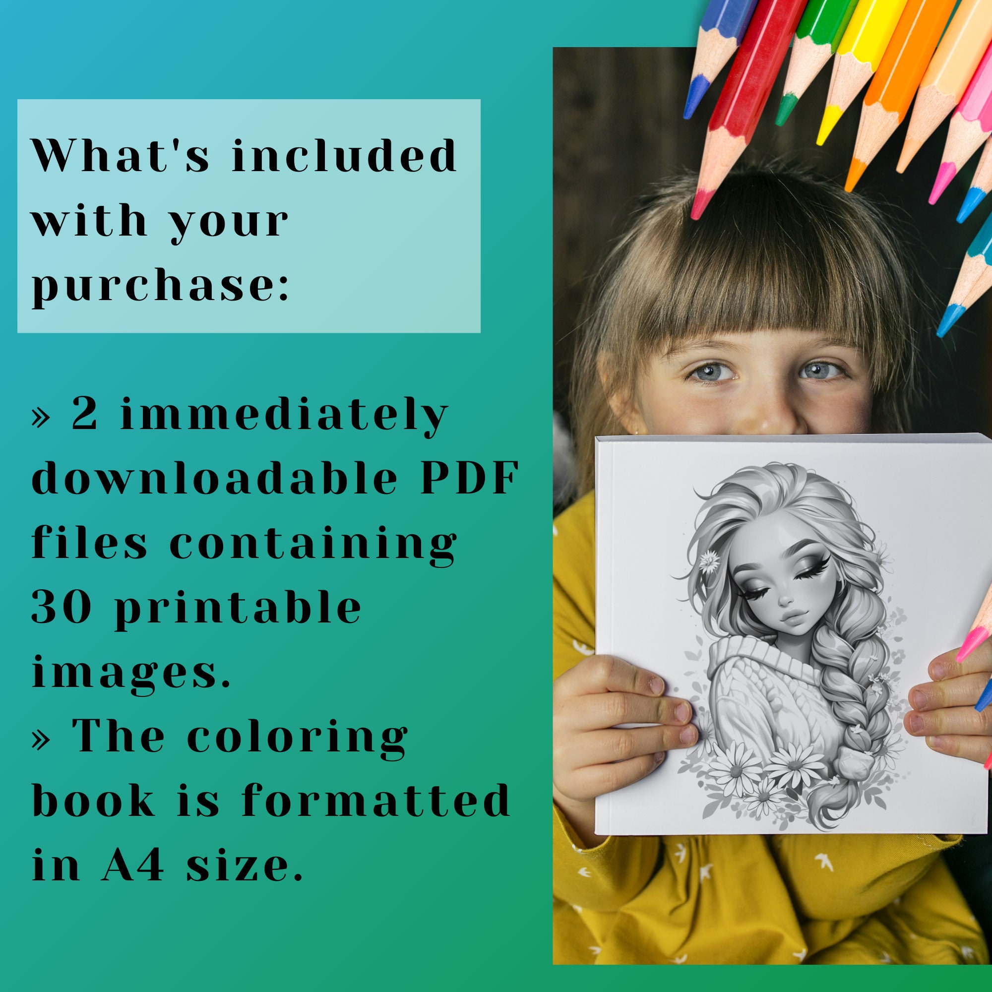Daisy Flower Girl Grayscale Coloring Book – 30 Page Printable (PDF) - Etsy