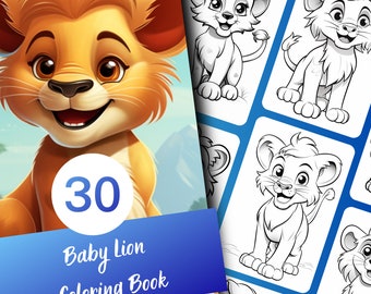 Baby Lion Coloring Book for Adults and Teens, 30 Grayscale Coloring Pages, Printable PDF Instant Download