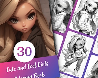 Fashion Girls Coloring Book for Adults and Teens, 30 Grayscale Coloring Pages, Printable PDF Instant Download
