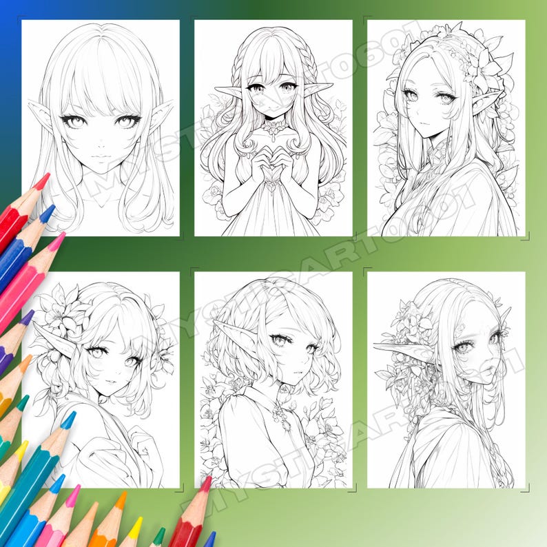 Op de afbeelding: Zes zwart-wit illustraties van vrouwelijke personages in anime-stijl met puntoren, mogelijk elfen. Elk portret toont gedetailleerde gelaatstrekken en kapsels. Kleurpotloden zijn zichtbaar in de linker benedenhoek.