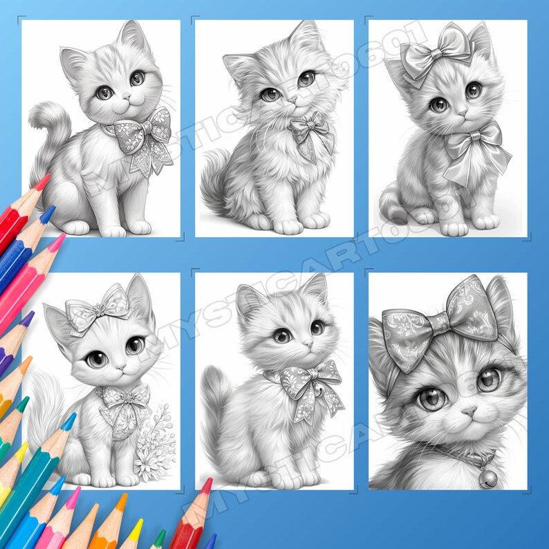 Cute Cat with Bow Coloring Book - 30 Page Grayscale Coloring Book for Kids and Adults, Instant Download, Printable PDF
