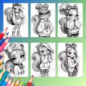 Cute Squirrel Girl Coloring Book - 30 Page Grayscale Coloring Book for ...
