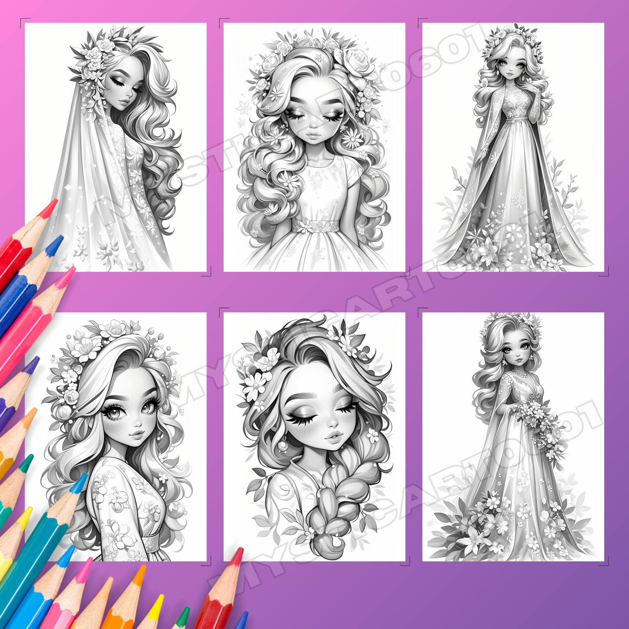 Flower Princess Coloring Book – 30 Page Grayscale Art (printable PDF ...