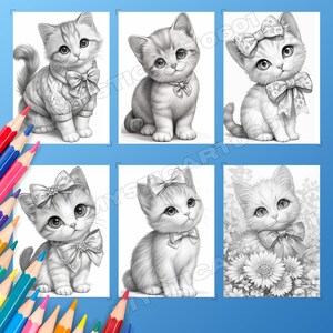 Cute Cat with Bow Coloring Book - 30 Page Grayscale Coloring Book for Kids and Adults, Instant Download, Printable PDF