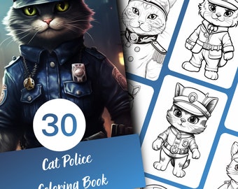 Cat Police Coloring Book for Adults and Teens, 30 Cute Coloring Pages, Printable PDF Instant Download
