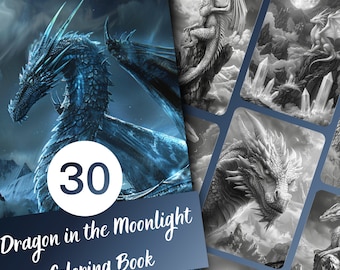 Kolorowanka „Smok w blasku księżyca” – 30-stronicowa grafika w skali szarości (do druku w formacie PDF)