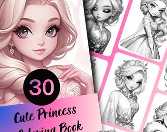 Prinseskleurboek voor volwassenen en tieners, 30 kleurplaten in grijstinten, afdrukbare pdf direct downloaden