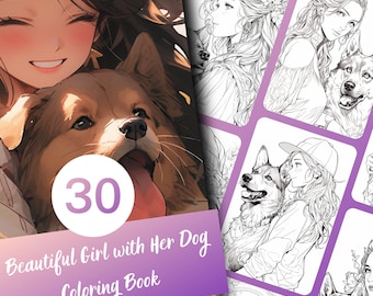 大人向け犬の塗り絵、女の子向け、グレースケール塗り絵、30ページ、印刷可能なPDF