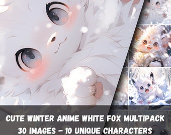 Cute Winter Anime White Fox Multipack,30 Images - 10 Unique Characters,Perfect for Social Media Profile Pictures,Wallpapers,Anime Room Decor