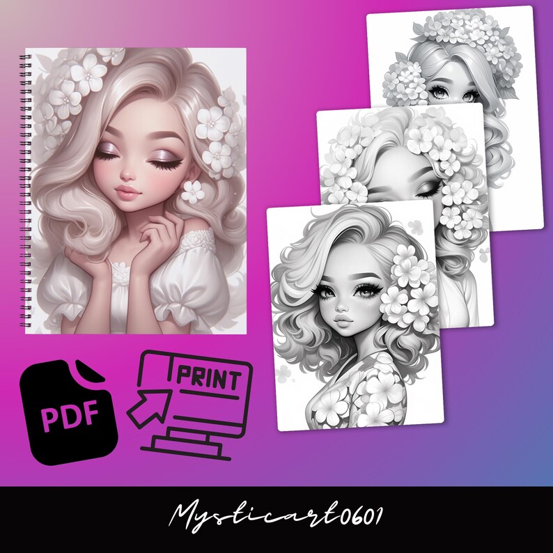 Hydrangea Girl Grayscale Coloring Book – 30 Page Printable (PDF) - Etsy