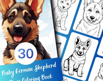 Dog Coloring Pages for Adults, German Shepherd Puppy Grayscale Coloring Book, 30 Pages, Printable PDF