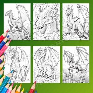 This grayscale Dragon Coloring Book features 30 detailed pages for kids and adults to enjoy. Delivered as an instantly downloadable printable coloring PDF, it is ideal for fantasy coloring lovers, especially fans of House of the Dragon and Dungeons and Dragons. Perfect for adults dragon fans and kids dragon pages alike, it includes dragon art, DND coloring themes, fantasy dragon art, mythical creatures, and offers a relaxing detailed coloring experience. This dragon coloring PDF.