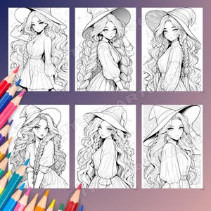 Coloring book, Adult coloring, Girl coloring, Cute coloring, Witch coloring, Grayscale book, Magical girl, Cute Halloween, Witch art, Printable book, Halloween witch, Cozy coloring, Kawaii coloring