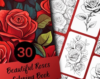 Rosen Malbuch für Erwachsene und Jugendliche, 30 Graustufen florale Malseiten, printable PDF, Instant Download