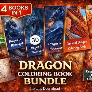 Dragon coloring book bundle cover showing 4 books in 1 with detailed fantasy dragon illustrations, dragon in moonlight, girl and dragon designs, instant download digital coloring pages