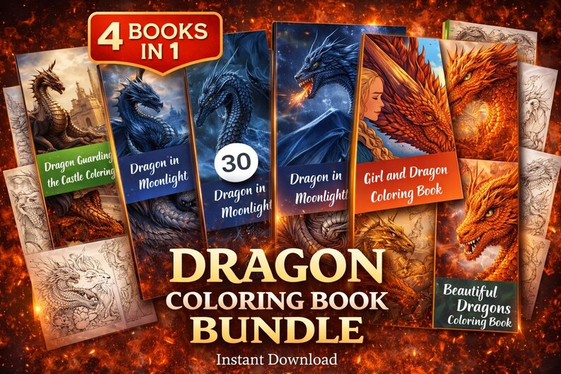 Dragon coloring book bundle cover showing 4 books in 1 with detailed fantasy dragon illustrations, dragon in moonlight, girl and dragon designs, instant download digital coloring pages