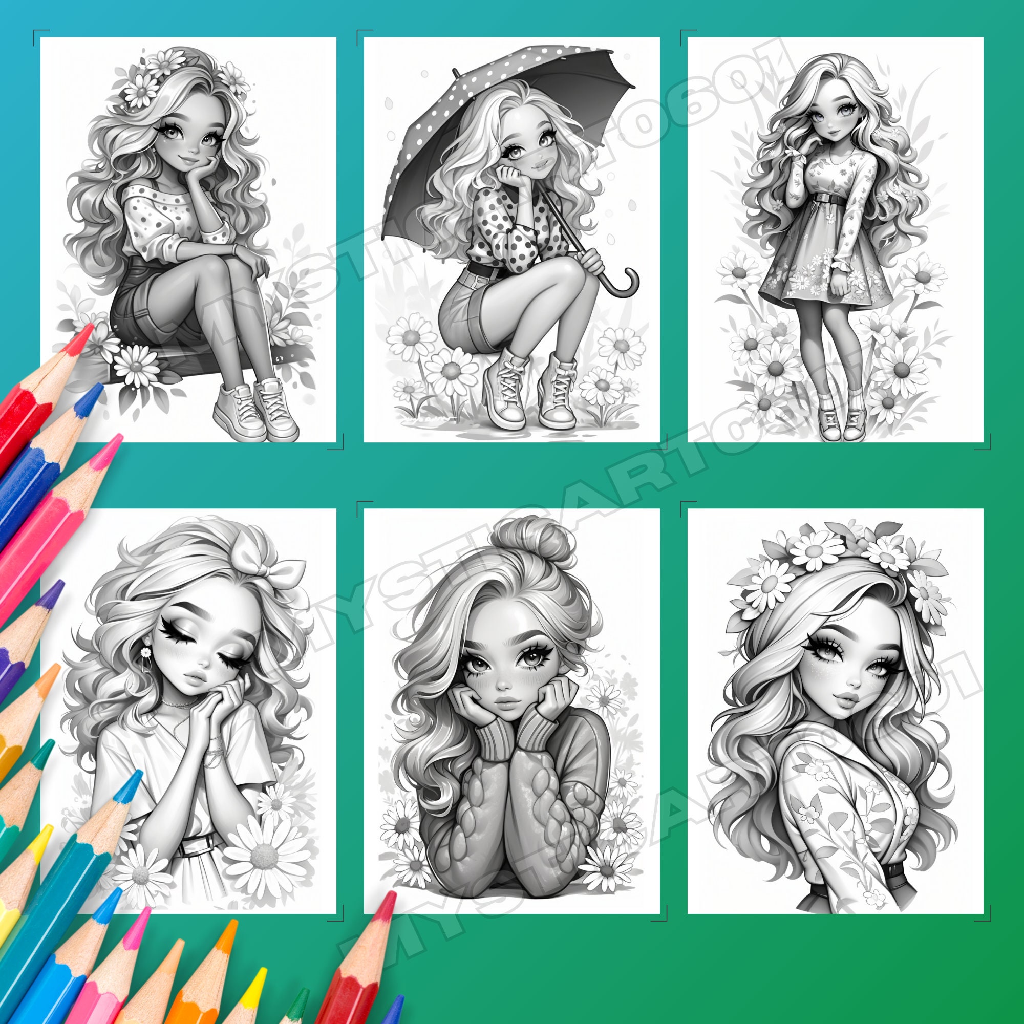 Daisy Flower Girl Grayscale Coloring Book – 30 Page Printable (PDF) - Etsy