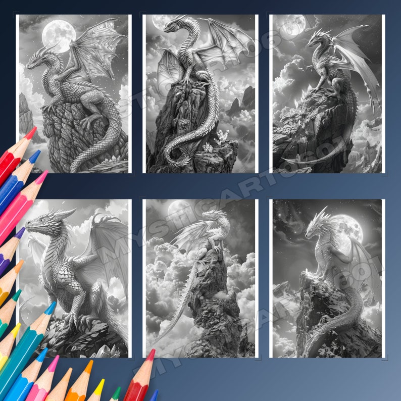 Dragon in the Moonlight Coloring Book - 30 Page Grayscale Coloring Book for Kids and Adults, Instant Download, Printable PDF
