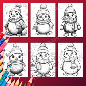Cute Christmas Penguin Coloring Book, Coloring Featuring Adorable Penguins in Winter Attire for Kids & Adults, Printable PDF