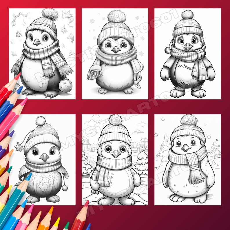 Cute Christmas Penguin Coloring Book, Coloring Featuring Adorable Penguins in Winter Attire for Kids & Adults, Printable PDF