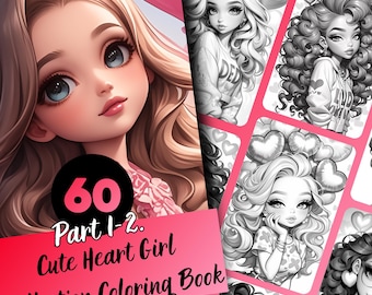 Kleurboek Heart Girl voor volwassenen en tieners, 60 kleurplaten in grijstinten, afdrukbare pdf direct downloaden