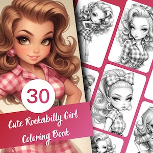 Livro de colorir Rockabilly Girl para adultos e adolescentes, 30 páginas para colorir em tons de cinza, PDF para impressão e download instantâneo.