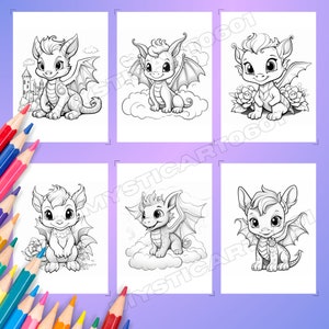 Baby Dragons Coloring book, Baby Dragon Coloring Book for Kids and Adults, Instant Download, Printable PDF, Grayscale Coloring Pages