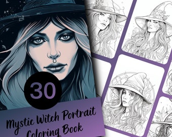 May include: A coloring book cover featuring a detailed illustration of a witch with long, dark hair wearing a pointed hat. The cover also includes the text "30 Mystic Witch Portrait Coloring Book".