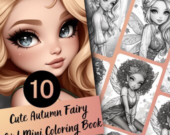 Adult Coloring Book Autumn Fairy Girls Design, 10 Grayscale Coloring Pages, Printable PDF Instant Download