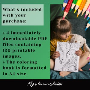 What’s included with your purchase image showing 4 downloadable PDF coloring books with 120 printable pages, A4 size format, child coloring a fantasy illustration, digital download details