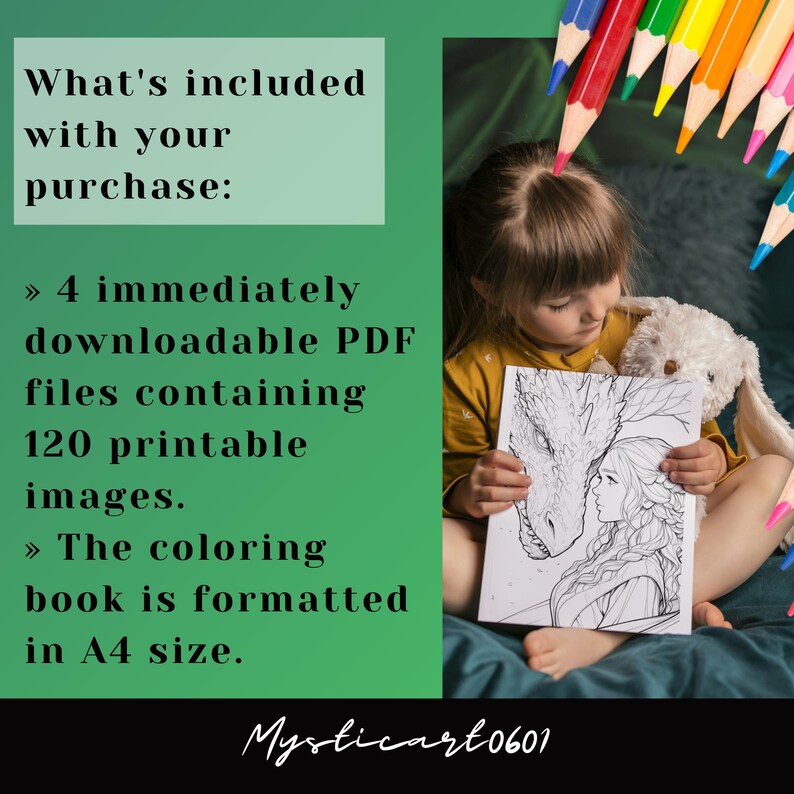 What’s included with your purchase image showing 4 downloadable PDF coloring books with 120 printable pages, A4 size format, child coloring a fantasy illustration, digital download details