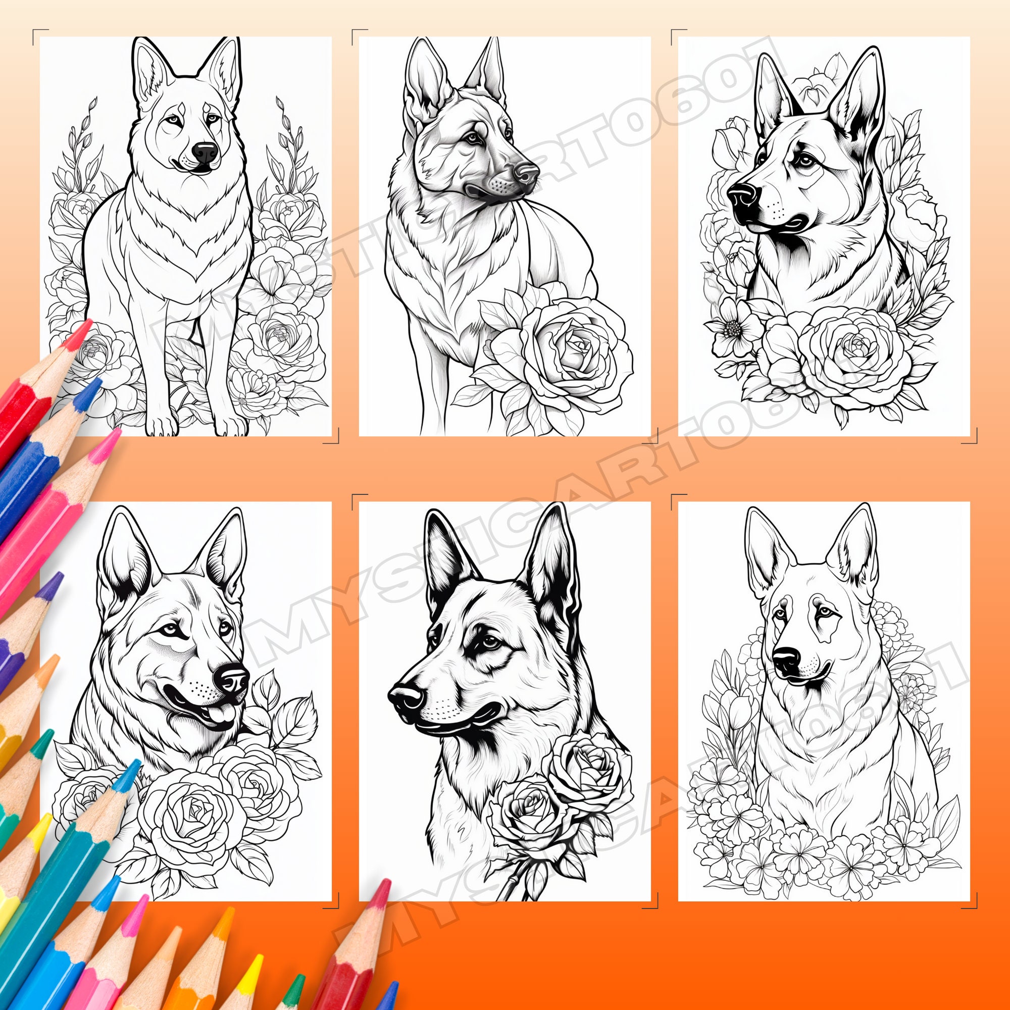 Floral German Shepherd Dogs Coloring Book, 30 Pages Featuring Beautiful ...