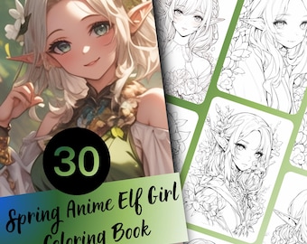 Libro para colorear de elfas de anime primaveral para adultos y adolescentes, 30 páginas para colorear estilo manga, descarga instantánea en PDF imprimible.