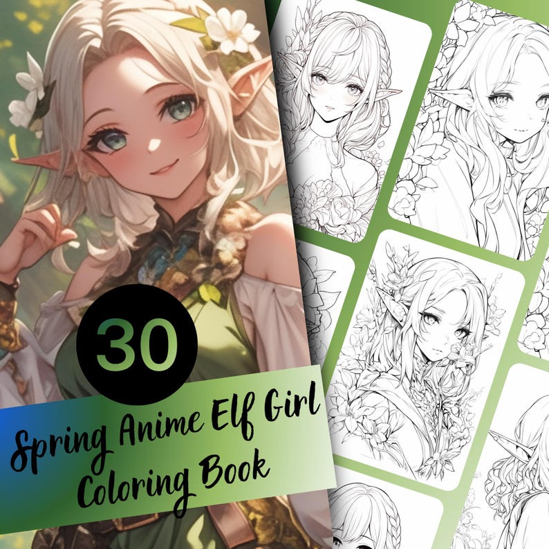 Anime elf coloring page featuring an elf girl anime character in a spring fantasy forest, perfect for printable adult coloring and digital coloring book use.