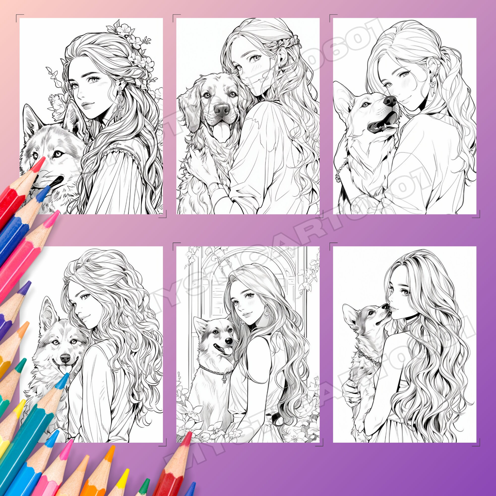 Beautiful Girl With Her Dog Coloring Book, 30 Pages Girl and Her Dog ...