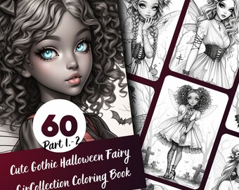 Gothic Halloween Fairy Coloring Book for Adults and Teens, 60 Grayscale Coloring Pages, Printable PDF Instant Download