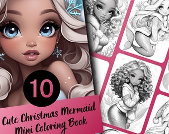 Libro para colorear de sirenas navideñas - Minilibro en escala de grises de 10 páginas (PDF imprimible)